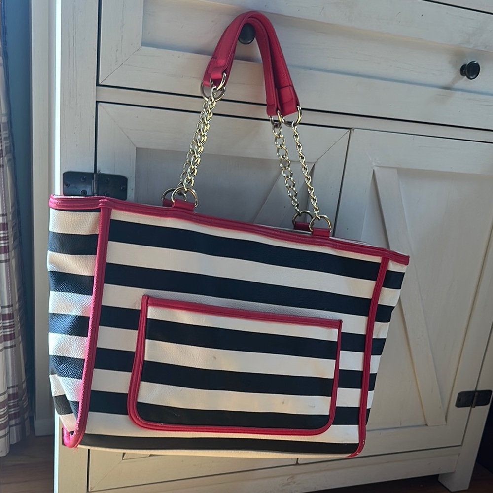 Striped Black and White Tote Bag with red Accents